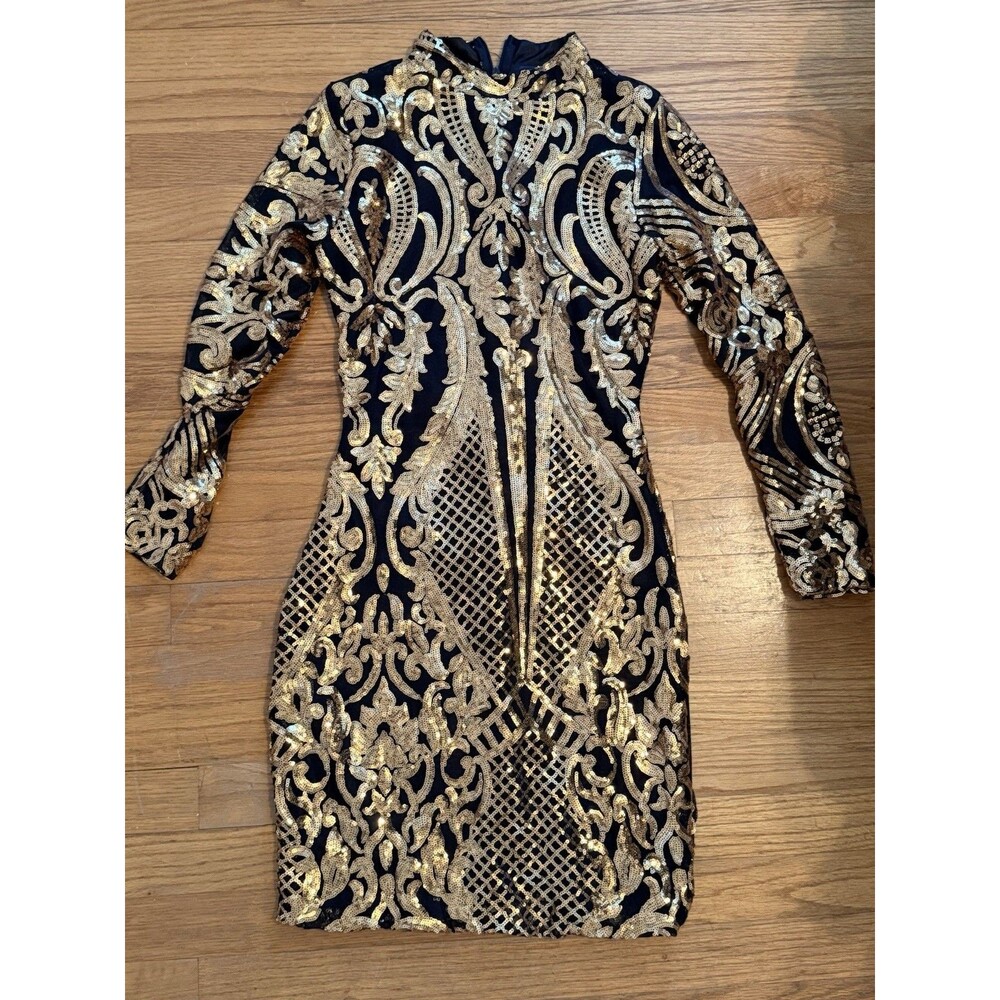 Black Gold Sequin Mesh High Neck Bodycon Dress Size S